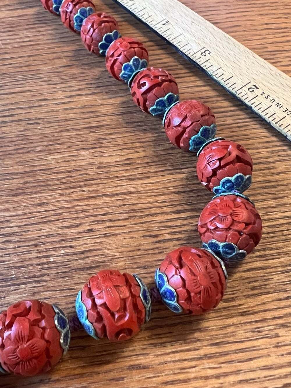 Carved Cinnabar Bead and Enameled Blue Metal Cap Vintage Beaded Necklace - 26” l